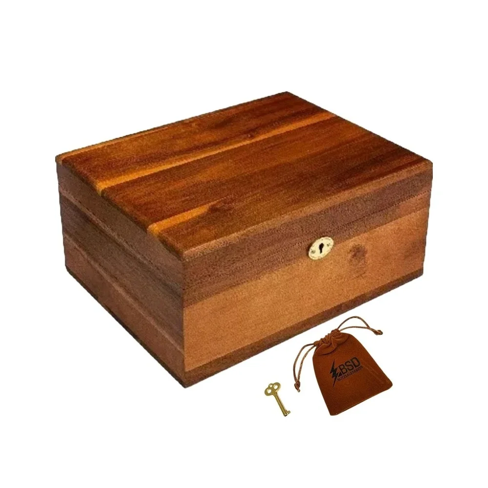BSD Acacia Wood Keepsake Box With Lock Key Wooden Decorative Treasure Chest